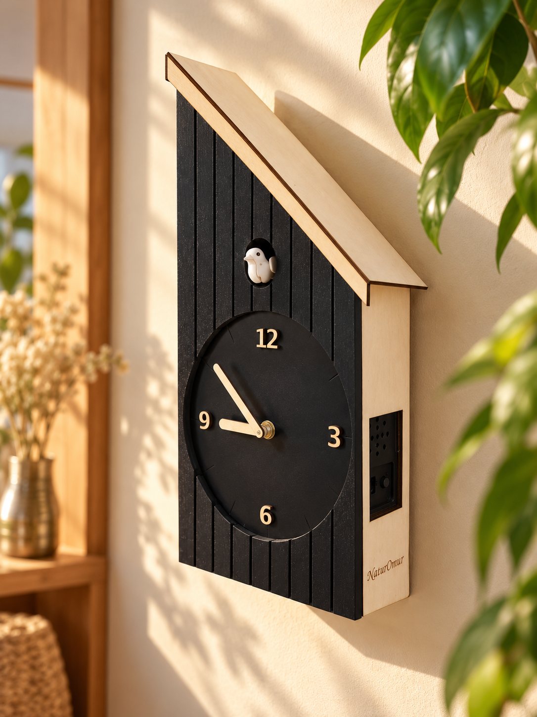 Horloge coucou L'Oblique noire : façade à lames, toit en bois clair et oiseau blanc, au mur dans la lumière du soir